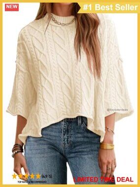 Cable Knit Cropped Sweater Oversized 3/4 Sleeve Pullover
